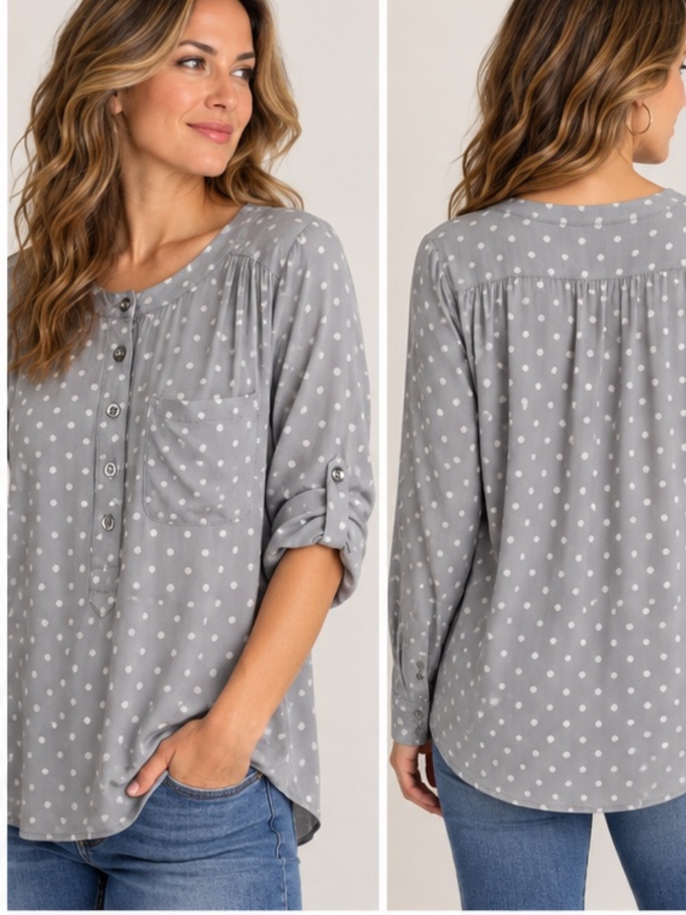 LOFT Grey Polka Dot Button-Front Henley